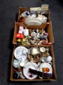 Three boxes containing miscellaneous china to include part dinner service, animal ornaments,