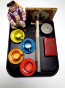 A tray containing Whittard coffee cans and saucers, mid 20th century mantel clock,