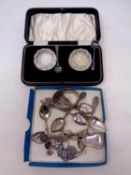 Eight miscellaneous continental and sterling silver teaspoons, silver napkin ring,