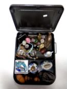 A tray containing metal cash box containing costume jewellery, pair of silver salts,