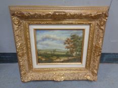 A reproduction oil on board, figures on a path in a rural landscape,