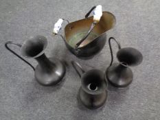 A painted copper porcelain handled coal receiver together with three painted copper vases