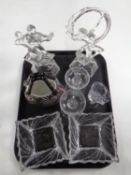 A tray containing assorted glassware to include Art Deco figure, glass handbag,