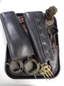 A tray containing pair of antique shears in leather case, heavy brass bookend, The Warrior,