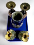 A tray containing a pair of Royal Doulton Lambeth vases (as found) together with a further Royal