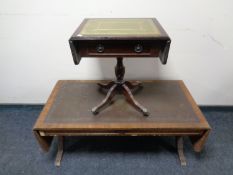 A sofa coffee table with a leather inset panel together with a sofa occasional table on pedestal