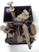 A tray containing oil lamp, Taymax brass blow torch, cobbler's lasts,