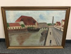 A Bech : Boats on a canal, oil on canvas,