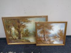 A C Inness oil on canvas, river through a wooded landscape, in a gilt frame,