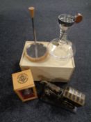 A wine aerator in wooden crate together with a miniature copper tea boiler in box,