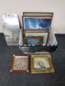 A box containing assorted framed pictures and prints, oil on board, tall ship at full sail,