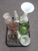 A tray containing a 19th century cast iron figural inkwell together with assorted glassware to