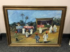 Continental school : Figures in a market, oil on board,