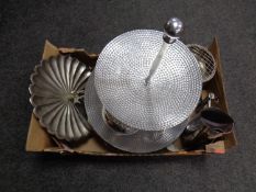 A box containing early 20th century and later metal wares to include plated rose bowl and teapot,