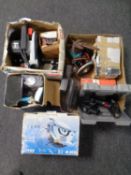 Two boxed circular saws together with a further box containing Black and Decker router, cased drill,
