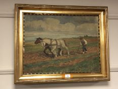 P Hansen : Two shire horses pulling a plough, oil on canvas,