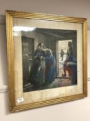 An antique monochrome print, figures in a doorway,