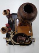 A tray containing a pair of contemporary Blakemore candlesticks, wooden vase, trinket box,