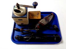 A tray containing vintage Mocca coffee grinder, a Virginia grand cut tin,