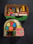 A box containing a quantity of 20th century Fisher Price toys to include garage record player,