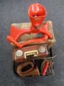 A tray containing vintage transistor radio, copper bugle,