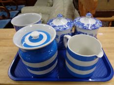 A tray containing T G Green Cornish jug and lidded sugar canister together with three pieces of