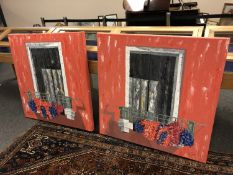 Gareth Thomas : Two contemporary oil paintings on canvas depicting flowers by windows, 100 x 100 cm,