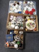 Five boxes and crates containing miscellaneous ceramics to include mugs, china flower posies,