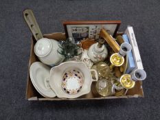 A box containing miscellaneous to include pair of brass table lamps,