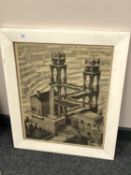 After Maurits Cornelis Escher (1898-1972) : Waterfall, monochrome print, circa 1960's,