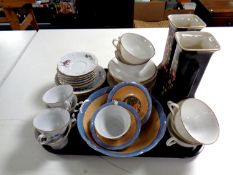 A tray containing miscellaneous ceramics to include a pair of transfer printed pottery vases (as