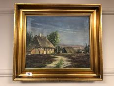 Continental school : A thatched cottage on moorland, oil on canvas,