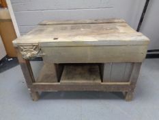 A 20th century heavy duty twin sided work bench fitted with Record vices