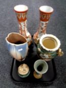 A tray containing a pair of Japanese kutani vases, height 33.