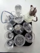 A tray of 20th century pressed glassware including silver plate mounted claret jug,