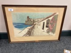 A continental colour print, buildings by a shore,