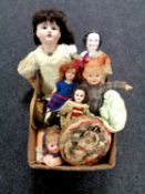 A box containing antique and later dolls including French bisque headed jointed doll etc
