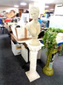 A concrete bust on resin stand together with a jardiniere on stand