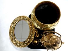 A tray of brass, jardiniere,