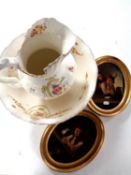 An Edwardian jug and basin together with a pair of continental gilt framed pictures depicting