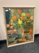 A continental colour print, still life with flowers in a vase, 49 x 62 cm,