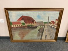 Continental school : Boats on a canal, oil on canvas,