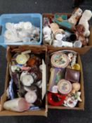 Five boxes containing china, ornaments, glass, Maling Sunday dishes, dog figures,
