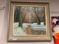 H Chris : A river in snow covered woodland, oil on canvas,