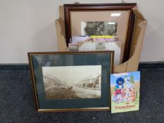 A box containing contemporary tin signs, two framed black and white photographs of Bedlington,