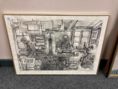 A continental monochrome print, The Workshop,