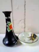 A Shelley vase decorated with fruit on black ground together with a further Shelley dish with Art