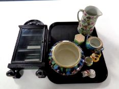 A tray containing miniature ebonised glazed cabinet, Newport Pottery Sylvian bowl,