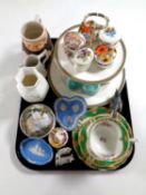 A tray containing Paragon Hamilton trio, Wedgwood blue Jasperware, porcelain trinket boxes,