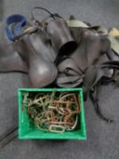 Three leather saddles and tack